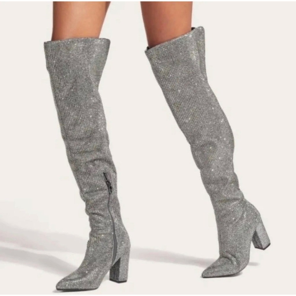 GB Gianni Bini Silver QUEEN BEE Rhinestone Over The Knee Block Heel Boots 7.5M